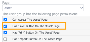 The Has 'Save' Button On The 'Asset' Page checkbox is selected and highlighted.