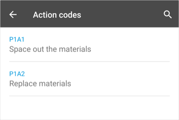 The Action codes screen with two action codes listed, but none selected yet.
