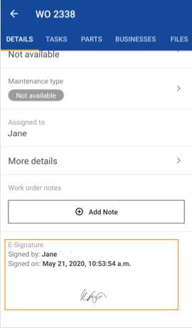 A signed work order with the E-Signature section (including the name, date, and signature) highlighted.