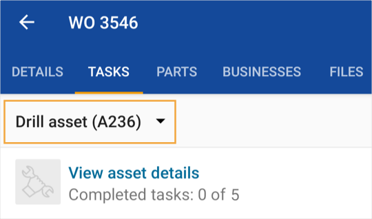 The Tasks tab of a work order with the asset drop-down list highlighted.