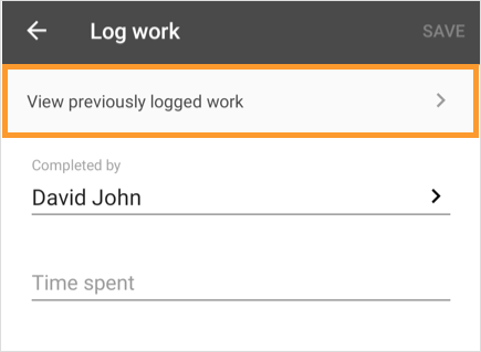 The Log work screen with the View previously logged work button highlighted.