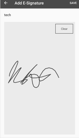 The Add E-Signature screen in the mobile app, displaying a signature.