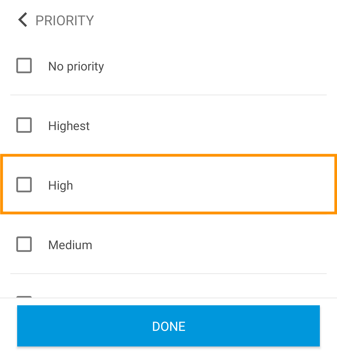 The priority filter with the High value highlighted.