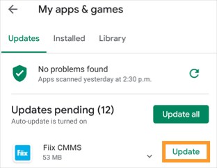 The Updates tab with the Update button next to Fiix CMMS highlighted.