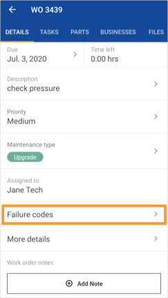 Details tab of a work order with the Failure codes section highlighted.