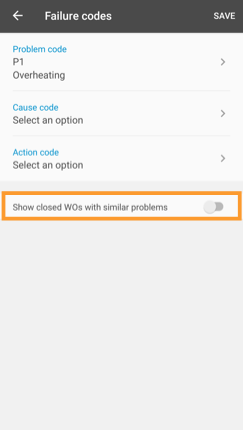 Failure codes screen with the Show closed WOs with similar problems toggle highlighted.