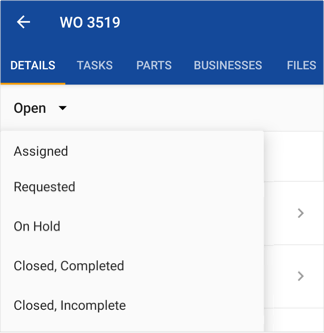 The Status drop-down list in a work order