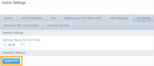 The Purchasing tab in Settings > CMMS Settings with the Enable FIFO button highlighted.