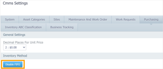 The Purchasing tab in Settings > CMMS Settings with the Disable FIFO button highlighted.