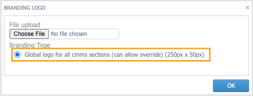Branding Type: Global logo for all CMMS sections checkbox selected and highlighted with callout box