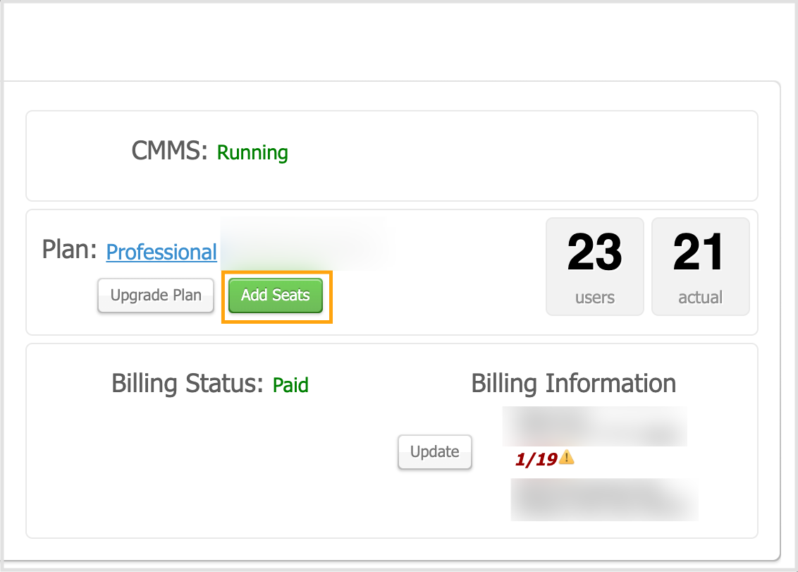 Add Seats button with orange callout from Account Settings page