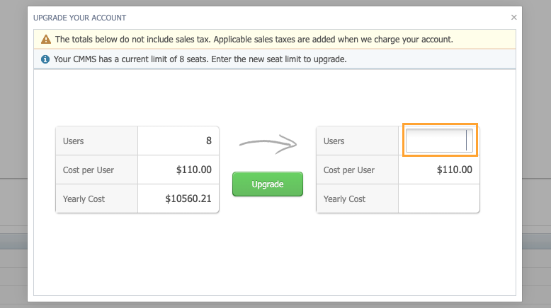 Number of users form field with orange call out in Account Settings