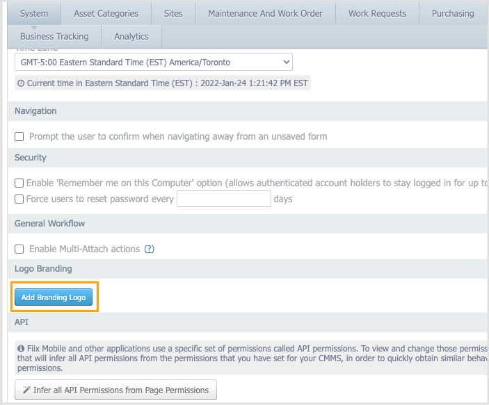 Screenshot of Fiix CMMS with Add Branding Logo button highlighted with orange callout box