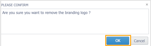 Confirmation to remove branding logo pop-up box screenshot with OK button highlighted in orange