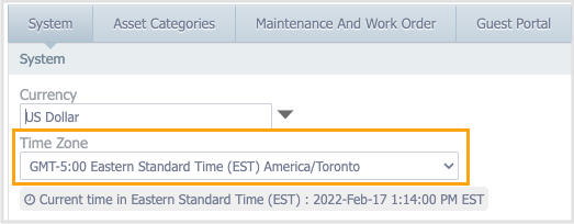 CMMS settings page with Time Zone field highlighted in orange