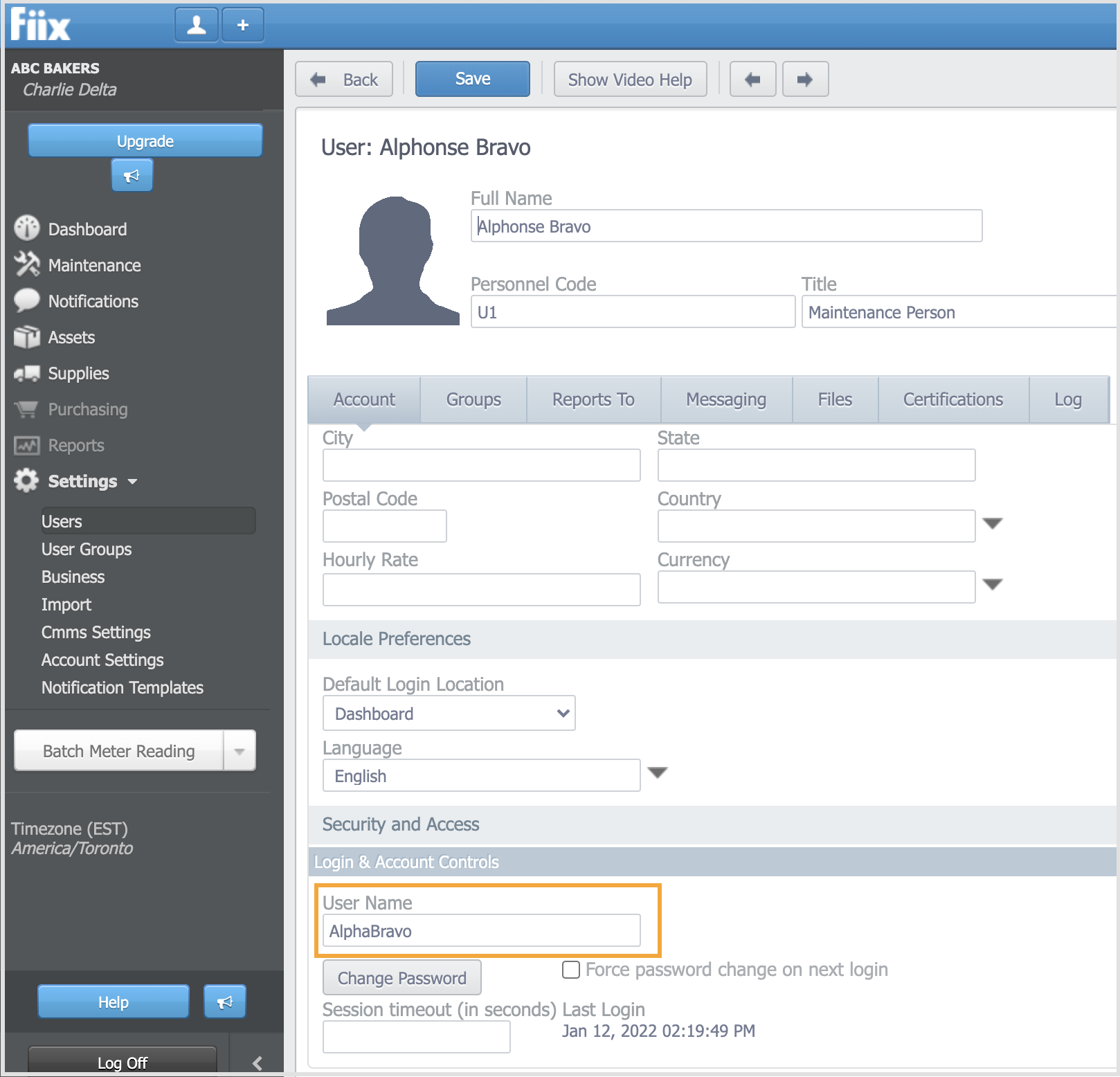 Screenshot of Fiix CMMS with orange callout box highlighting the User Name change field
