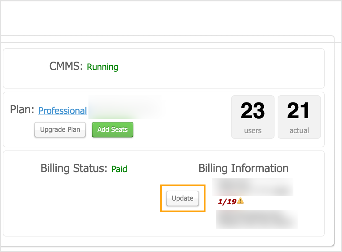 Account settings page with orange callout highlighting update payment button