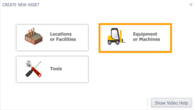 Create asset screen with Equipment or Machines button highlighted.