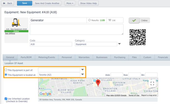 General tab of equipment asset record with location options highlighted.