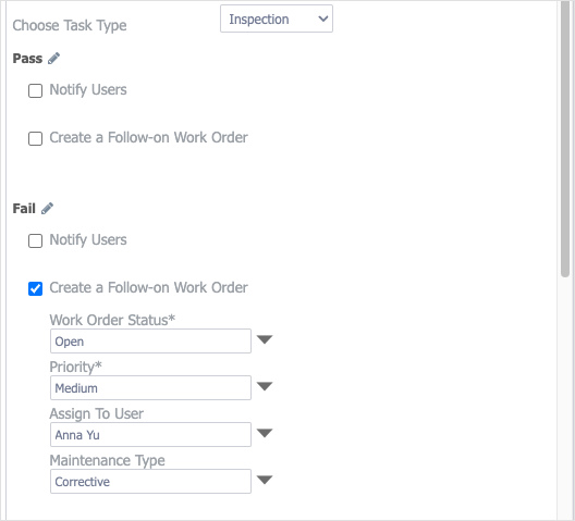 example of inspection task configuration in task creation