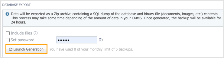 Database export page with launch generation button highlighted in orange