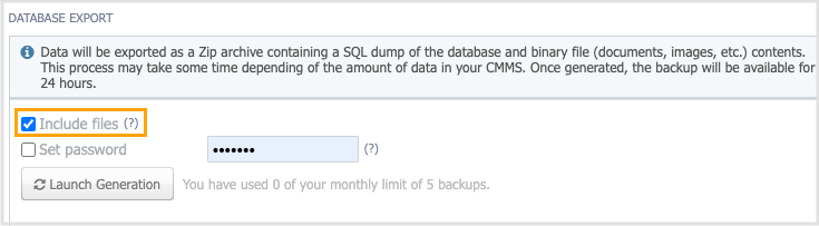 Database export page with Include files box checked and highlighted in orange